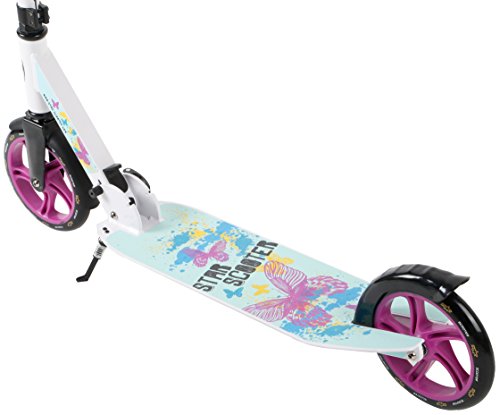 STAR SCOOTER Patinete Patineta Scooter Plegable XXL para niños y niñas a Partir de 6-7 años y Adultos para Ciudad | 205 mm Edición mas Ancha, con más Espacio para los pies | Blanco & Turquesa