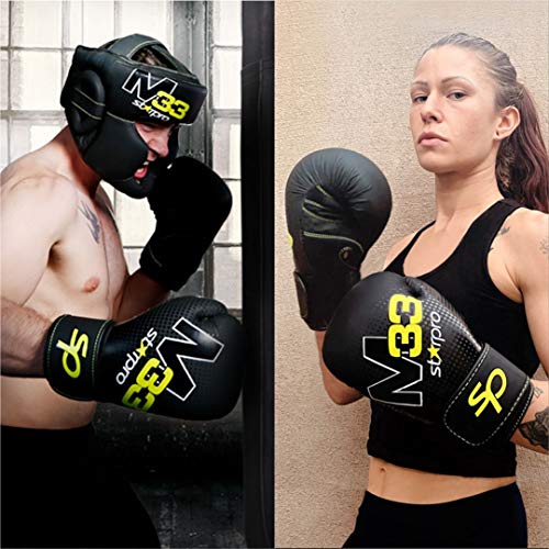 Starpro M33 Guantes de Boxeo de Cuero sintético Mate para Entrenamiento y Sparring en Muay Thai Kickboxing Fitness - Hombres y Mujeres - Negro y Verde - 8oz 10 oz 12 oz 14 oz 16 oz (Negro Mate, 14oz)