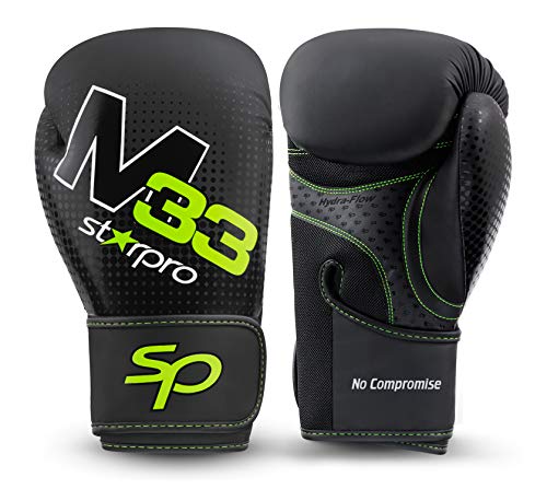 Starpro M33 Guantes de Boxeo de Cuero sintético Mate para Entrenamiento y Sparring en Muay Thai Kickboxing Fitness - Hombres y Mujeres - Negro y Verde - 8oz 10 oz 12 oz 14 oz 16 oz (Negro Mate, 14oz)