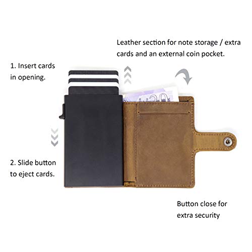 STEALTH WALLET Portatarjetas RFID Minimalista - Carteras de Tarjetas de Crédito de Metal Delgado y Ligero con Bloque NFC (Aluminio Negro con Cuero de Caballo Loco Marrón y Bolsillo para Monedas.)