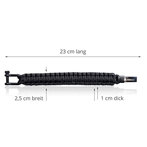 Steinbock7 - Pulsera de cuerda de supervivencia Paracord, color negro, cierre ajustable de acero inoxidable brillante, incluye instrucciones para el trenzado (idioma español no garantizado)