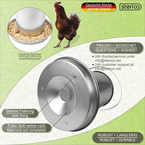 Sterico Comedero automático para gallinas y aves de corral, acero inoxidable 304, sin BPA, se puede colgar y colocar en pie, comedero de alimentación, dispensador de alimentos, capacidad de 3 kg