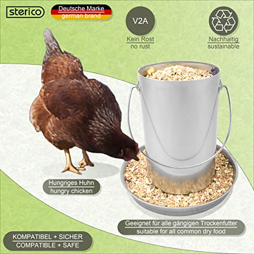 Sterico Comedero automático para gallinas y aves de corral, acero inoxidable 304, sin BPA, se puede colgar y colocar en pie, comedero de alimentación, dispensador de alimentos, capacidad de 3 kg