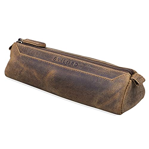 STILORD 'Jim' Estuche o Bolsa para lápices y bolígrafos de Cuero Portatodo Escolar Redondo para Hombres y Mujeres Cartuchera de Piel auténtica, Color:marrón - Medio