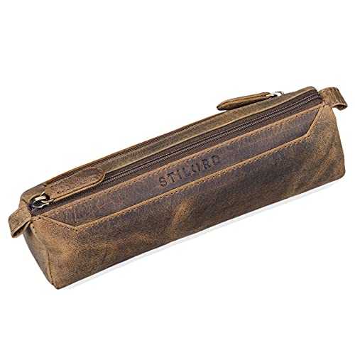 STILORD 'Jim' Estuche o Bolsa para lápices y bolígrafos de Cuero Portatodo Escolar Redondo para Hombres y Mujeres Cartuchera de Piel auténtica, Color:marrón - Medio