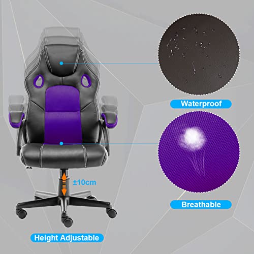 STmeng Liberty T5 Silla Oficina Ergonómica, Silla Gaming, Estilo de Carreras, Ajustable Giratoria Sillas de Oficina con Ruedas Soporte Lumbar Reposabrazos Asiento Acolchado Capacidad 180kg (Morado)