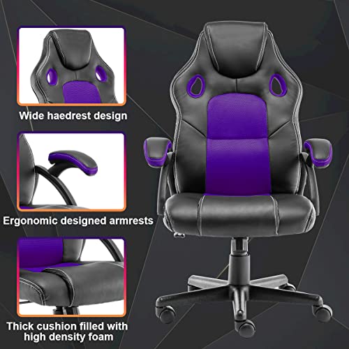 STmeng Liberty T5 Silla Oficina Ergonómica, Silla Gaming, Estilo de Carreras, Ajustable Giratoria Sillas de Oficina con Ruedas Soporte Lumbar Reposabrazos Asiento Acolchado Capacidad 180kg (Morado)