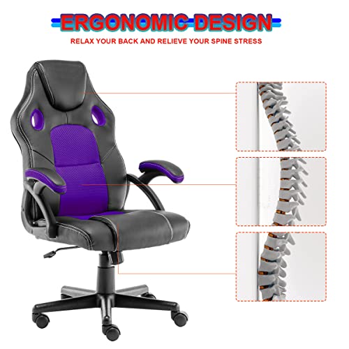 STmeng Liberty T5 Silla Oficina Ergonómica, Silla Gaming, Estilo de Carreras, Ajustable Giratoria Sillas de Oficina con Ruedas Soporte Lumbar Reposabrazos Asiento Acolchado Capacidad 180kg (Morado)