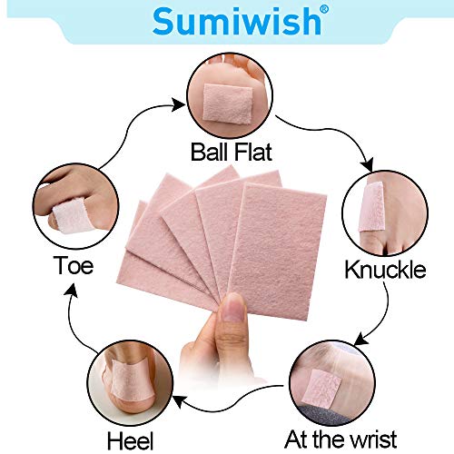 Sumiwish Moleskin para pies, 20 parches de prevención de ampollas, adhesivo para el cuidado de los pies para reducir el dolor de fricción, delgado y flexible