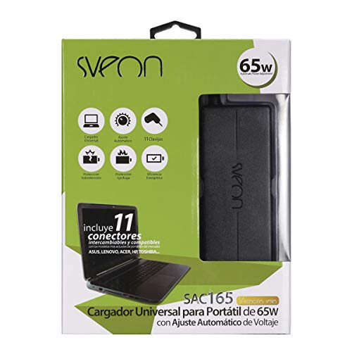 Sveon SAC165 - Cargador Universal para portátiles (65 W, Ajuste automático de Voltaje, 11 Conectores Independientes) Color Negro