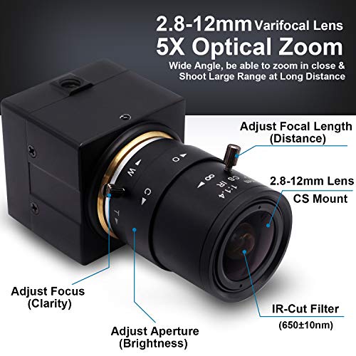 SVPRO Cámara web USB de 8 MP, zoom de 2,8 a 12 mm, lente varifocal IMX179, cámara web de alta definición HD 33264 x 2448, cámara para corte IR, USB 2.0 UVC, soporte OTG