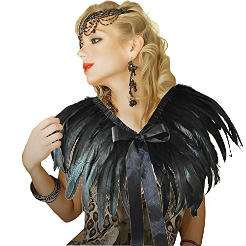 SwirlColor Capelet Lujosa Pluma Negro con Cuello Alto