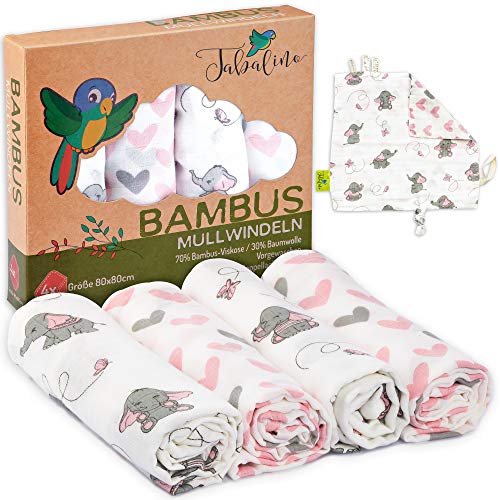 Tabalino - Mantas Muselina Bebé, Pañales de gasa de bambú paños de escupir maravillosamente suaves - 80x80cm - Pack de 4 - un paño mimoso gratis - doble tejido - niño y niña - pañales de tela