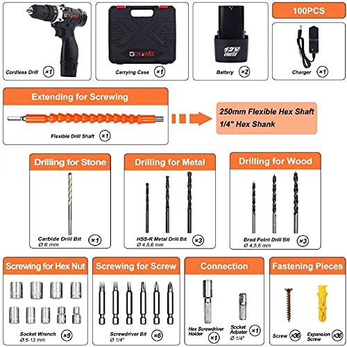 Taladro Atornillador 2 Baterías, GOXAWEE 100Pcs Kit Taladro Bateria/Destornillador Eléctrico (2 Baterías de Litio 1500mAh, 30N.m Par Máx, 2 Velocidades, 10mm Portabrocas Automático)