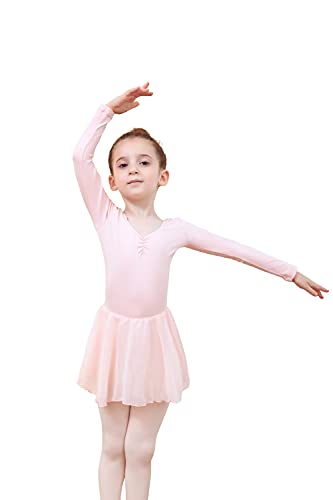 Tancefair Vestido de ballet para niñas y niños, con cuello en V, manga corta, con falda de gasa, Manga larga rosa