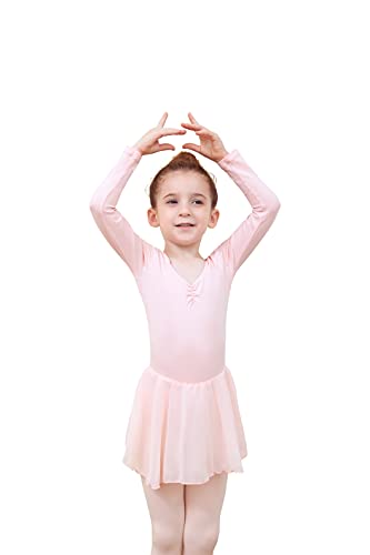 Tancefair Vestido de ballet para niñas y niños, con cuello en V, manga corta, con falda de gasa, Manga larga rosa