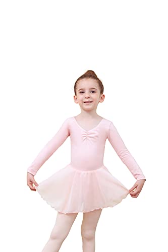 Tancefair Vestido de ballet para niñas y niños, con cuello en V, manga corta, con falda de gasa, Manga larga rosa