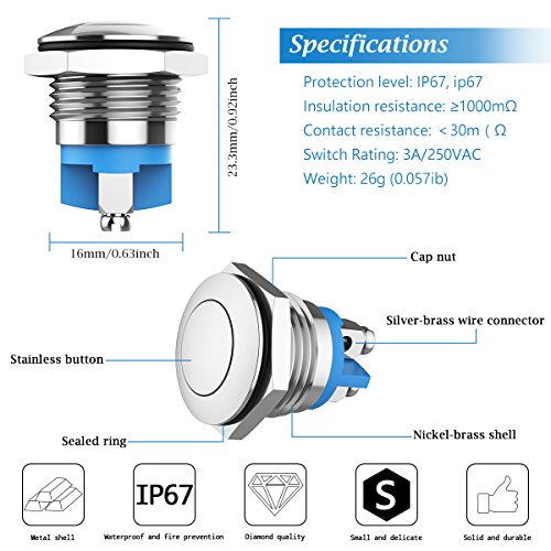 TankerStreet 2 Piezas 16mm Momentáneo Pulsador de Botón Metálico Interruptores Acero Inoxidable Impermeable Plana Top ON/OFF Pulsador Plata