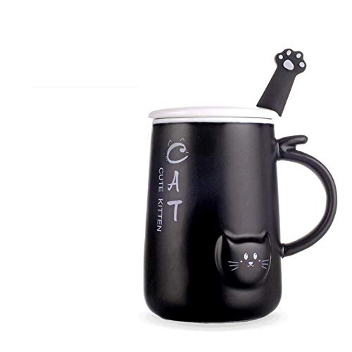 Tazas mugs Caricatura de ceramica con tapa con cuchara de ordeño a leche negra. Tazas de café