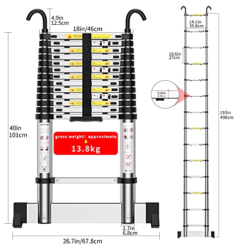 Teenza Escalera TelescóPica 4,9m, Escaleras áTico Plegables de Aluminio, Gancho Estabilizador, Carga MáXima 150kg, CertificacióN de Seguridad EN131