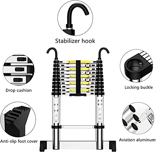 Teenza Escalera TelescóPica 4,9m, Escaleras áTico Plegables de Aluminio, Gancho Estabilizador, Carga MáXima 150kg, CertificacióN de Seguridad EN131