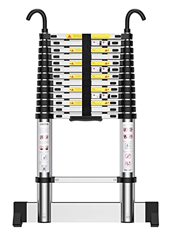 Teenza Escalera TelescóPica 4,9m, Escaleras áTico Plegables de Aluminio, Gancho Estabilizador, Carga MáXima 150kg, CertificacióN de Seguridad EN131