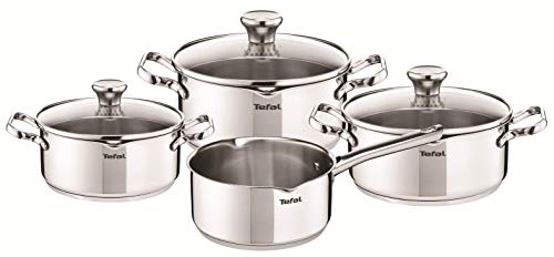 Tefal Duetto - Juego de 4 Ollas cocina: 1 Cazo cocina 16cm, 3 Cacerolas 16/20 cm, 1 Olla 24 cm de acero inoxidable, 3 tapas cristal, marcas medición, todo tipo cocinas, apto horno y lavavajillas