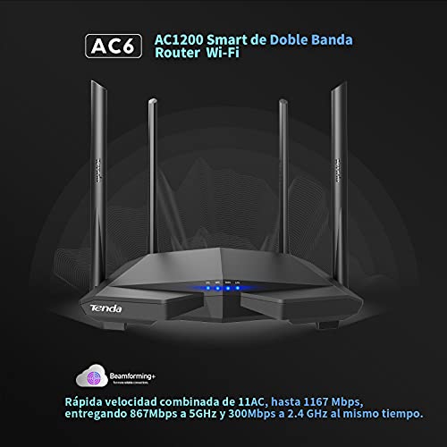 Tenda AC6 Router Inalámbrico Inteligente de Doble Banda (AC1200, 4 Puertos Megabit, WiFi Inteligente, Ahorro de Energía, 4x 5dBi HG Antenas)