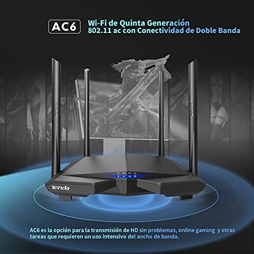 Tenda AC6 Router Inalámbrico Inteligente de Doble Banda (AC1200, 4 Puertos Megabit, WiFi Inteligente, Ahorro de Energía, 4x 5dBi HG Antenas)