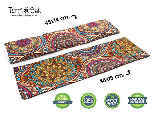 TERMOSAK Saco térmico de semillas 45x14 cm + funda, con separaciones, cojín térmico calor/frío de semillas alta duración y lavanda con funda lavable de misma tela (45x14 + funda, Mandala)