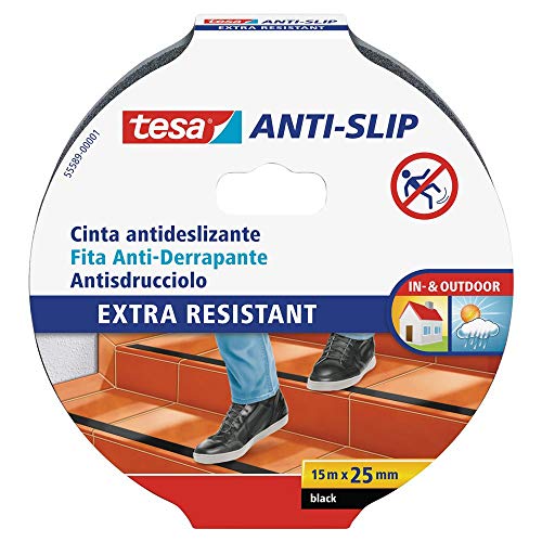 tesa Cinta Antideslizante , Cinta Adhesiva Antideslizante para Interiores y Exteriores , adecuado para Escalones, Rampas y Suelos Resbaladizos , Negro , 15 m x 25 mm