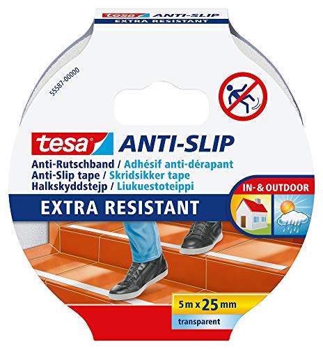 tesa Cinta Antideslizante , Cinta Adhesiva Antideslizante para Interiores y Exteriores , adecuado para Escalones, Rampas y Suelos Resbaladizos , Transparente , 5 m x 25 mm