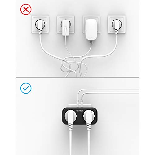 TESSAN Enchufe USB Pared, 4 en 1 Cargador USB con Doble USB (2.4A) y 2 Tomas de CA, Ladron Enchufe Multiple Compatible con Phone, Pad, Enchufe Pared Doble para el Hogar, Oficina, Negro