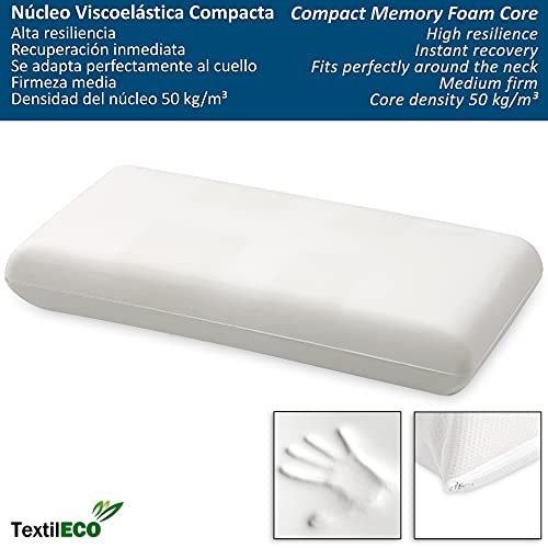 TextilECO Almohada Viscoelastica Compacta con Cremallera. Comoda Transpirable Adaptable. 2 Caras Verano Tejido 3D Invierno Acolchado. Funda Lavable. Firmeza Media. Biconfort. 67 cm