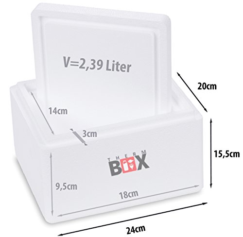 THERM-BOX Caja térmica de espuma de poliestireno Caja térmica para alimentos y bebidas - Enfriador y calentador de espuma de poliestireno (24x20x15,5cm - 2,39L de volumen) Reutilizable