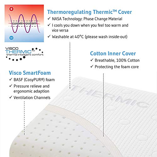 Third of Life Almohada viscoelástica 40x60 MIZAR diseñada para Dormir Boca Abajo | Almohada ergonómica Memory Foam de sólo 7cm de Altura | Funda con termorregulación | 60 x 40 x 7 cm