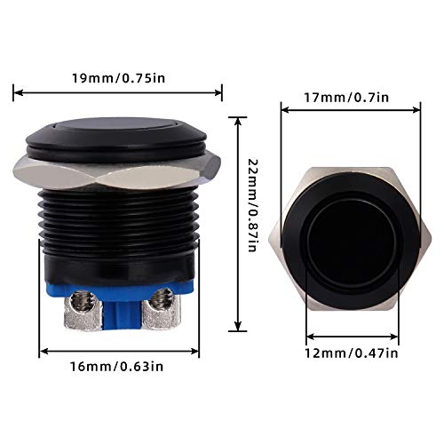 Thlevel 8 Piezas 16mm Momentáneo Pulsador de Metal DC 3A 36V Acero Inoxidable Impermeable Interruptor de Botón para Coche Lámpara Timbre（Nero）