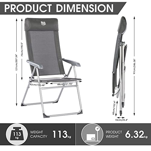 Timber Ridge Silla Plegable Acampada Jardín, Tumbona de Aluminio y 6 Posiciones Ajustables, Respalda Alta para Oficina Comedor Acampada, Gris