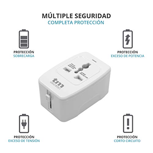 TM Electron TMUAD021 Adaptador de Corriente Universal de Viaje, 4 configuraciones de enchufes, Compatible con más de 160 países y protección sobretensión