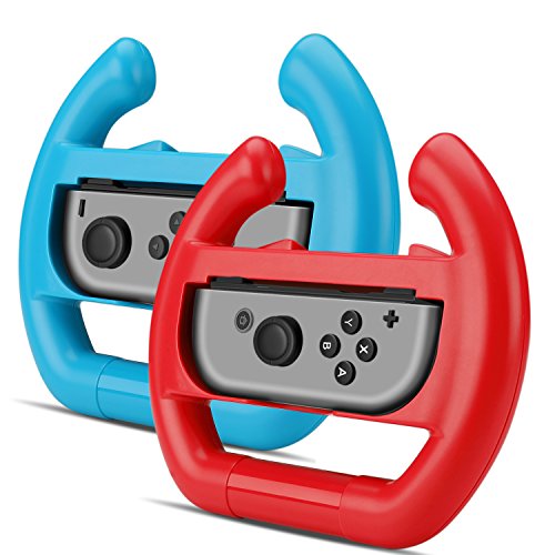 TNP Nintendo Switch Rueda Mando Joy-Con Controlador Volante Accesorio 2 Unidades Color Rojo y Azul para Mario Kart 8 Deluxe, Racing Apex, Fast RMX, Redout, Juego de Coche de Carreras