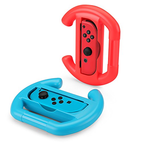 TNP Nintendo Switch Rueda Mando Joy-Con Controlador Volante Accesorio 2 Unidades Color Rojo y Azul para Mario Kart 8 Deluxe, Racing Apex, Fast RMX, Redout, Juego de Coche de Carreras