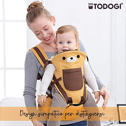 TODOGI Riñonera para bebé multifunción, 10 posiciones en 1, ergonómica, de algodón transpirable y ligero, ajustable, con suave asiento, soporte para cadera y cadera de 0 a 36 meses, diseño de oso