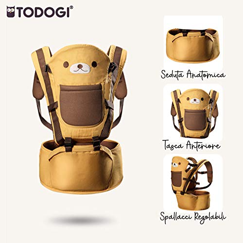 TODOGI Riñonera para bebé multifunción, 10 posiciones en 1, ergonómica, de algodón transpirable y ligero, ajustable, con suave asiento, soporte para cadera y cadera de 0 a 36 meses, diseño de oso