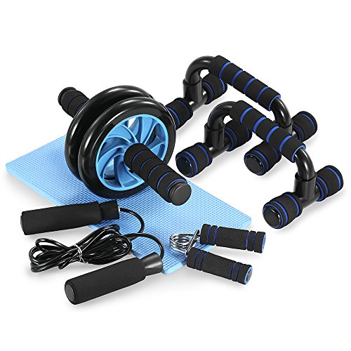 TOM SHOO 6 en 1 Kit de Rueda Abdominal, Push Up Bars, Discos Deslizantes, Cuerda para Saltar, Fortalecedor de Mano, Rodilla Mat para Entrenamiento Ejercicios Fitness