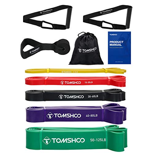 TOMSHOO Bandas de Resistencia, 5pcs Bandas Elasticas de Fitness de Látex Natural con 1 Anclaje de Puerta y 2 Manija, Pull Up Bands Set para Entrenamiento de Fuerza Estiramiento Yoga Pilates Culturismo