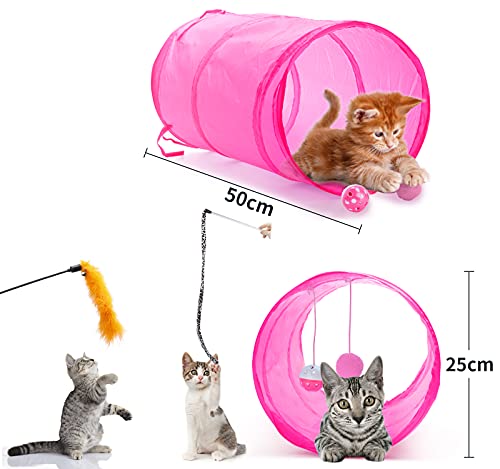 Toozey 24 Piezas Juguetes para Gatos, Juguete Interactivo para Gato, Juguetes para Gatos con Campanas y Plumas y Túnel y Ratón y Bolas Varias, Juguete Gato con Bolsa de Almacenamiento