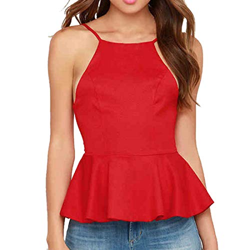 Top de Camisola para Mujer Algodón Verano Cuello Redondo Sin Mangas Camiseta de Color sólido sin Espalda de Verano Sexy Dobladillo Plisado Contracción de la Cintura Chaleco Camisola sin Mangas puras