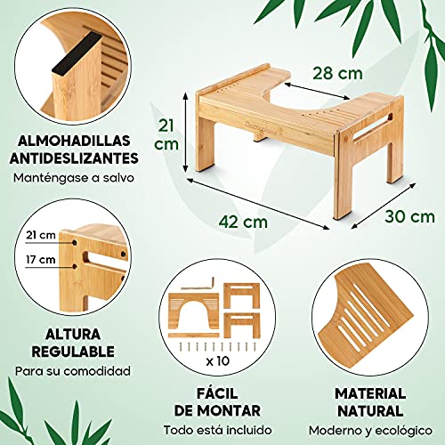 Top Life Taburete Fisiológico De Bambú para Baño - Reposapiés De Madera para Inodoro - Reposapiés O Sentadillas De Altura Ajustable - contra El Estreñimiento - Recomendado por Los Médicos