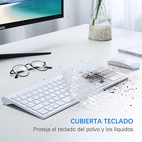 TopMate Pack Teclado y Mouse Inalámbricos Ultra Delgado, 2.4G USB Compacto Silencioso Kit Ratón y Teclado Español con Cubierta, Baterías 2AA y 2 AAA, para PC/Portatil/Windows/Mac - Blanco