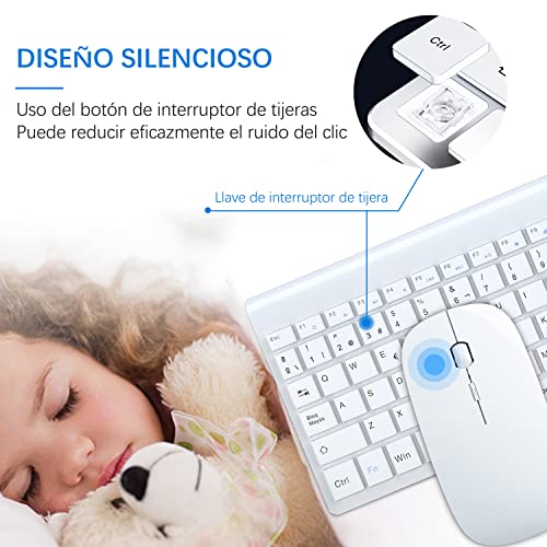 TopMate Pack Teclado y Mouse Inalámbricos Ultra Delgado, 2.4G USB Compacto Silencioso Kit Ratón y Teclado Español con Cubierta, Baterías 2AA y 2 AAA, para PC/Portatil/Windows/Mac - Blanco